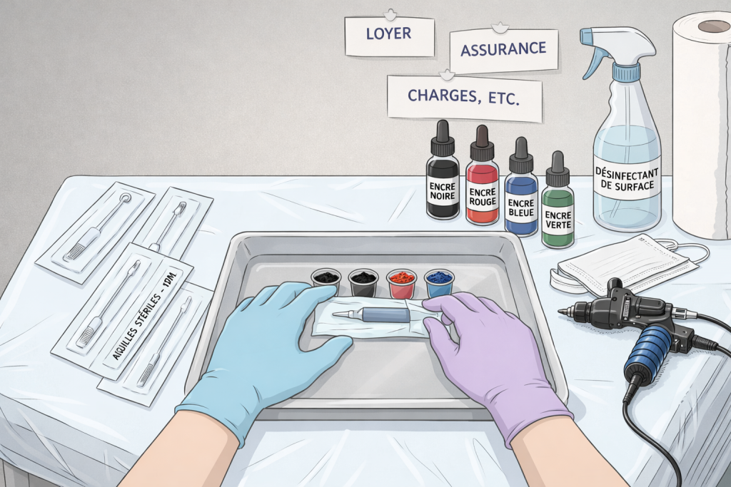 Illustration d'un poste de travail de tatoueur professionnel avec matériel stérile à usage unique