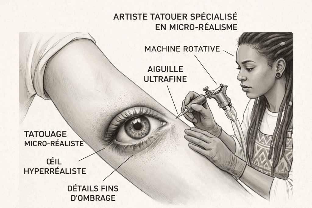 Illustration d'un tatouage micro réaliste représentant un œil détaillé sur un bras