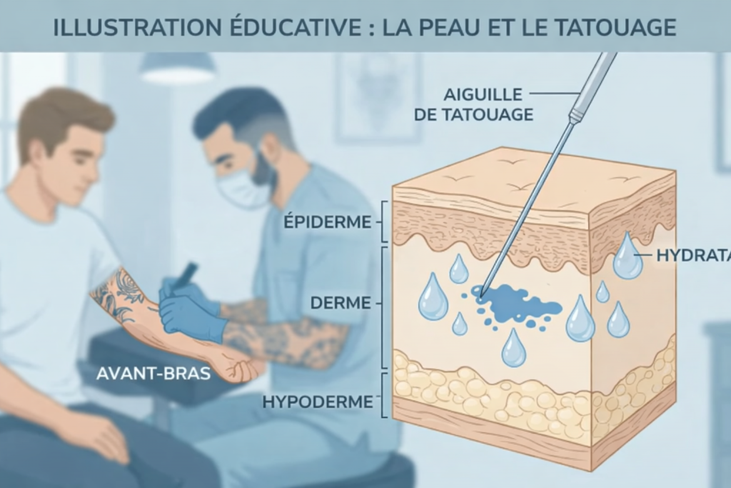 Illustration en coupe de la peau montrant le processus de tatouage et l'importance de l'hydratation pour la cicatrisation