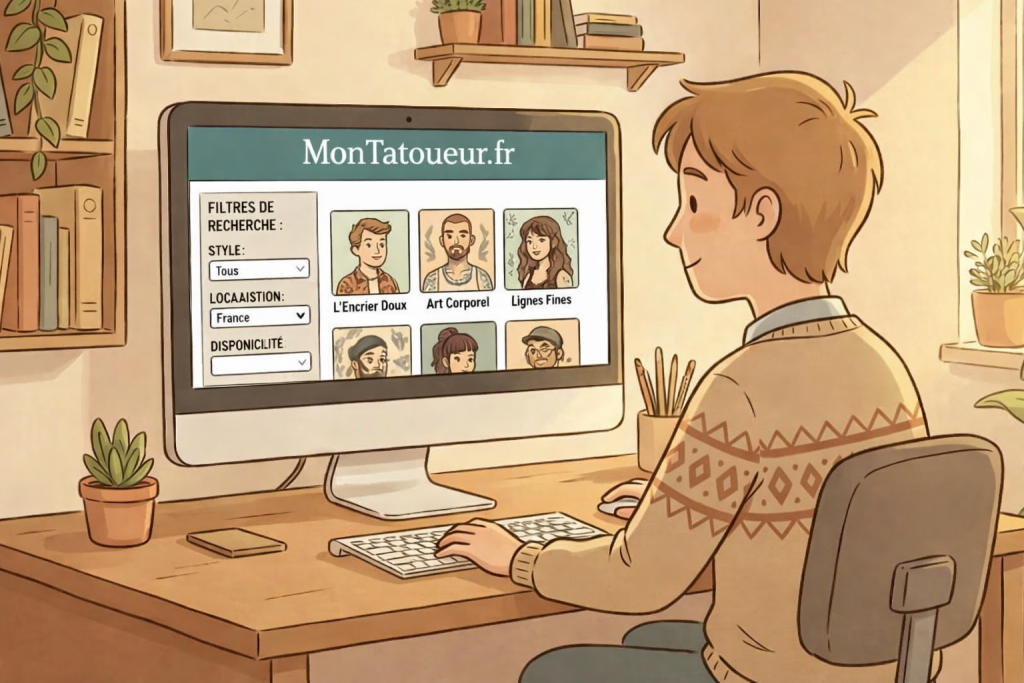 Illustration d'une personne recherchant un tatoueur spécialisé via un annuaire en ligne avec filtres par style et localisation