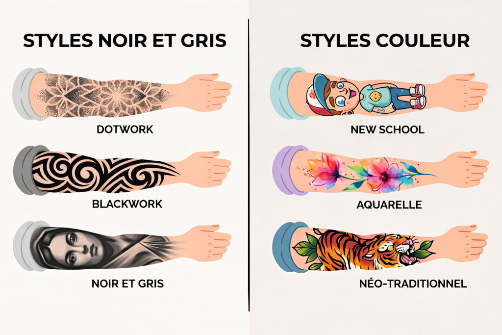 Illustration des différents styles de tatouage en noir et en couleur