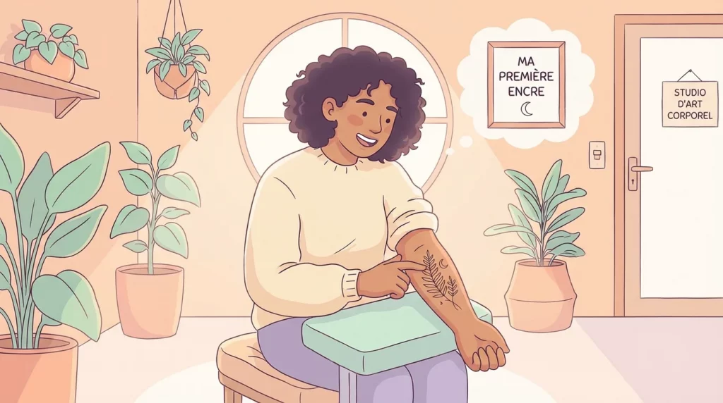Illustration d'une personne découvrant son premier tatouage dans un studio lumineux