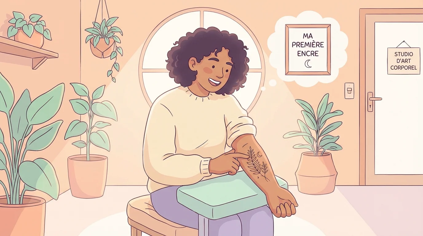 Illustration d'une personne découvrant son premier tatouage dans un studio lumineux