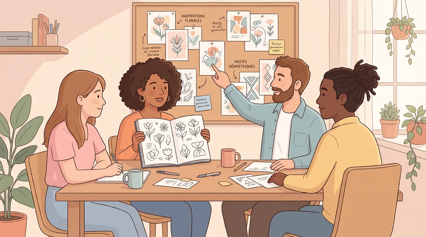 Illustration de personnes réfléchissant à leur projet de premier tatouage avec des croquis de motifs