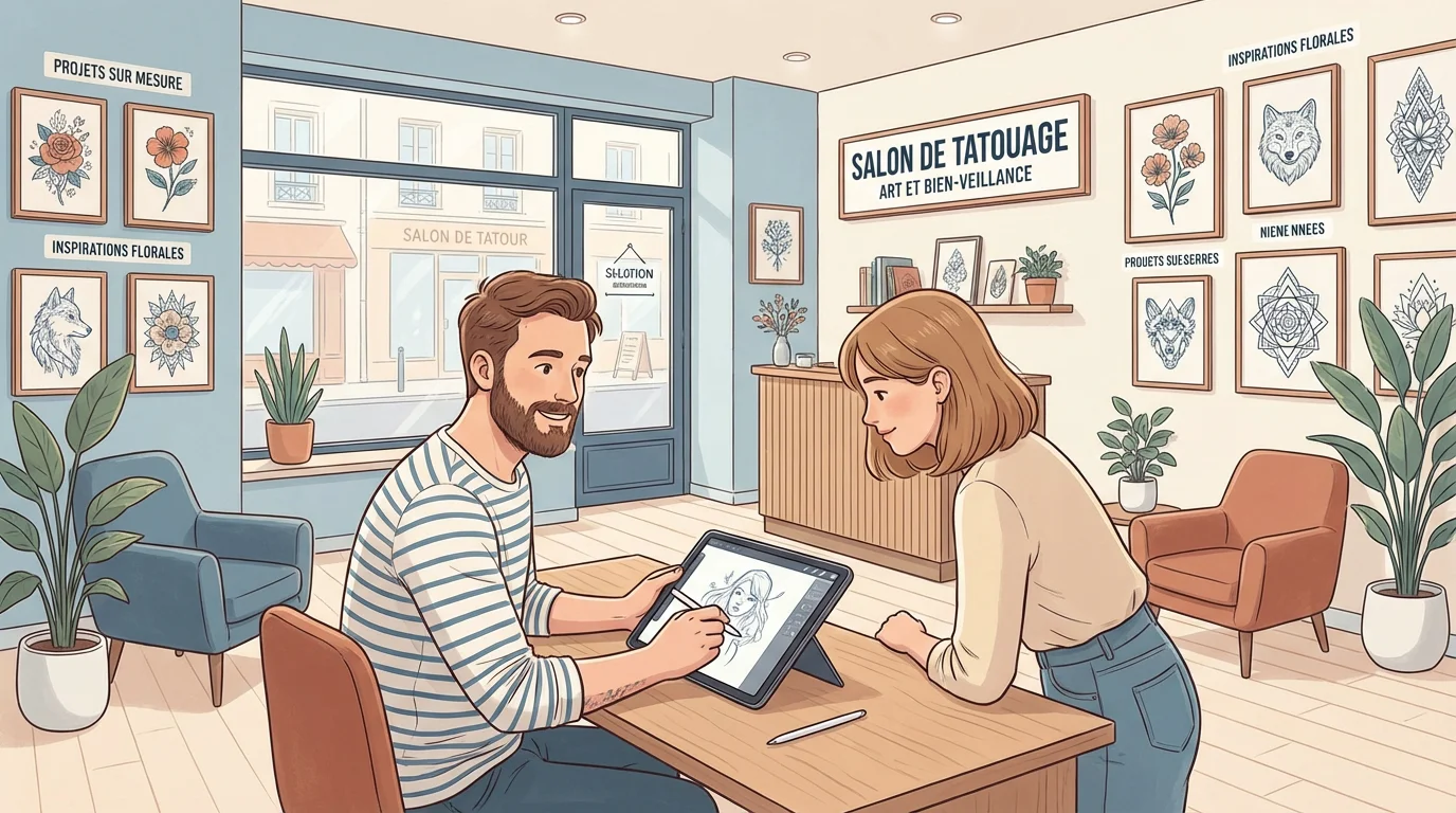 Illustration d'un tatoueur professionnel préparant une esquisse pour un client dans un salon de tatouage moderne
