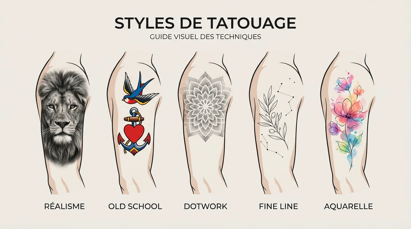 Illustration comparative des principaux styles de tatouage : réalisme, old school, dotwork, fine line et aquarelle