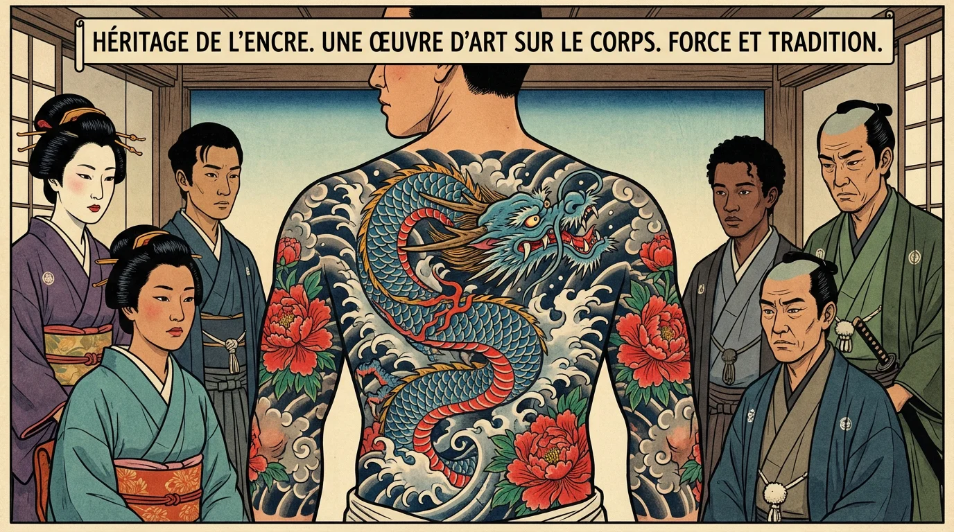 Illustration d'un tatouage Irezumi complet sur un dos avec dragon, vagues et pivoines