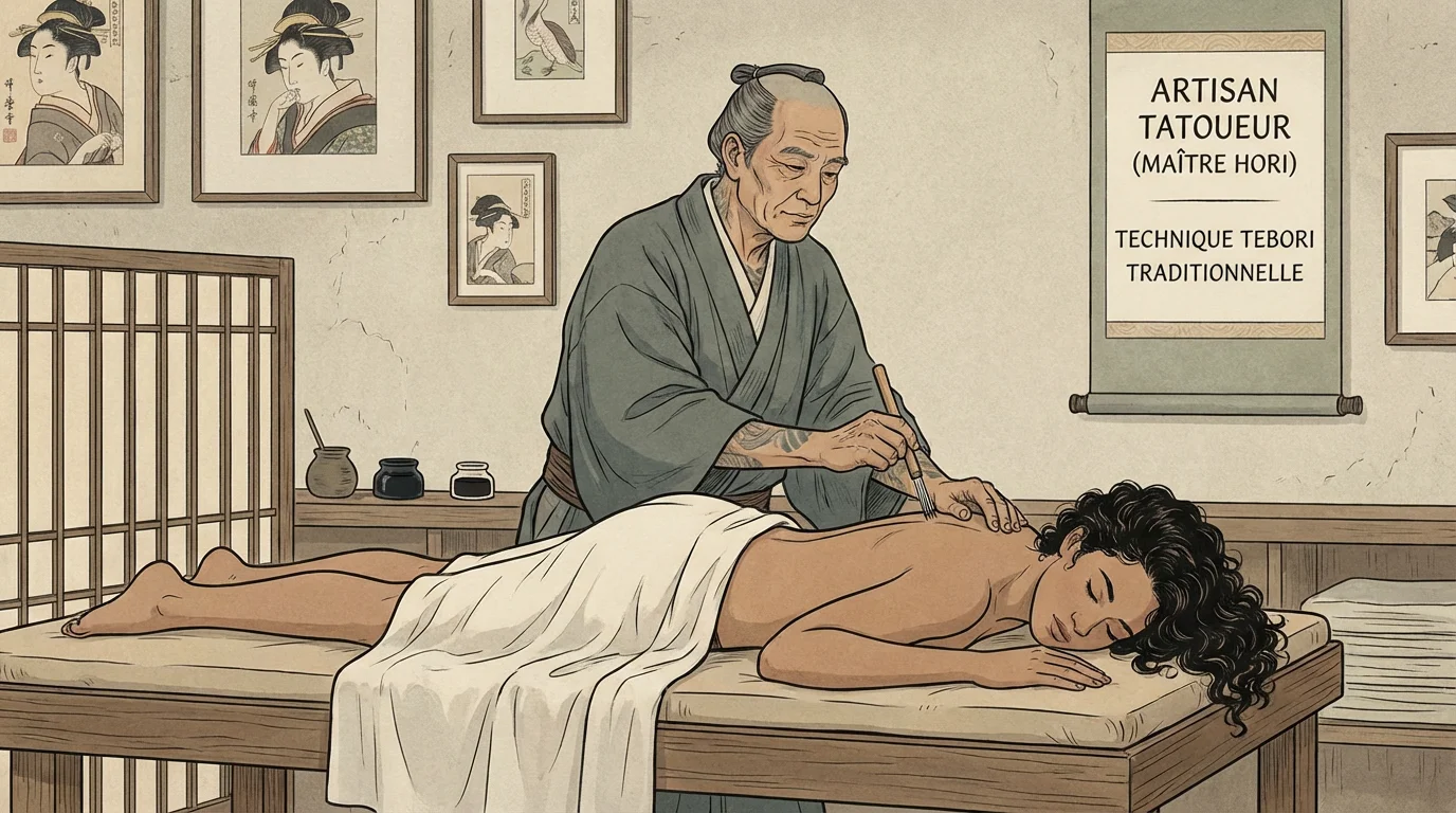 Illustration d'un maître tatoueur japonais pratiquant la technique traditionnelle Tebori