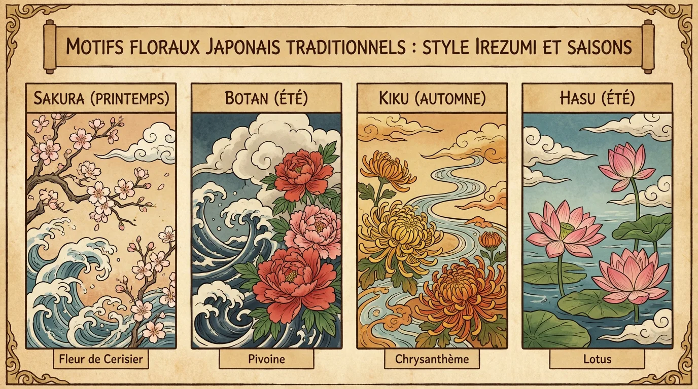 Illustration des quatre motifs floraux majeurs du tatouage japonais Irezumi