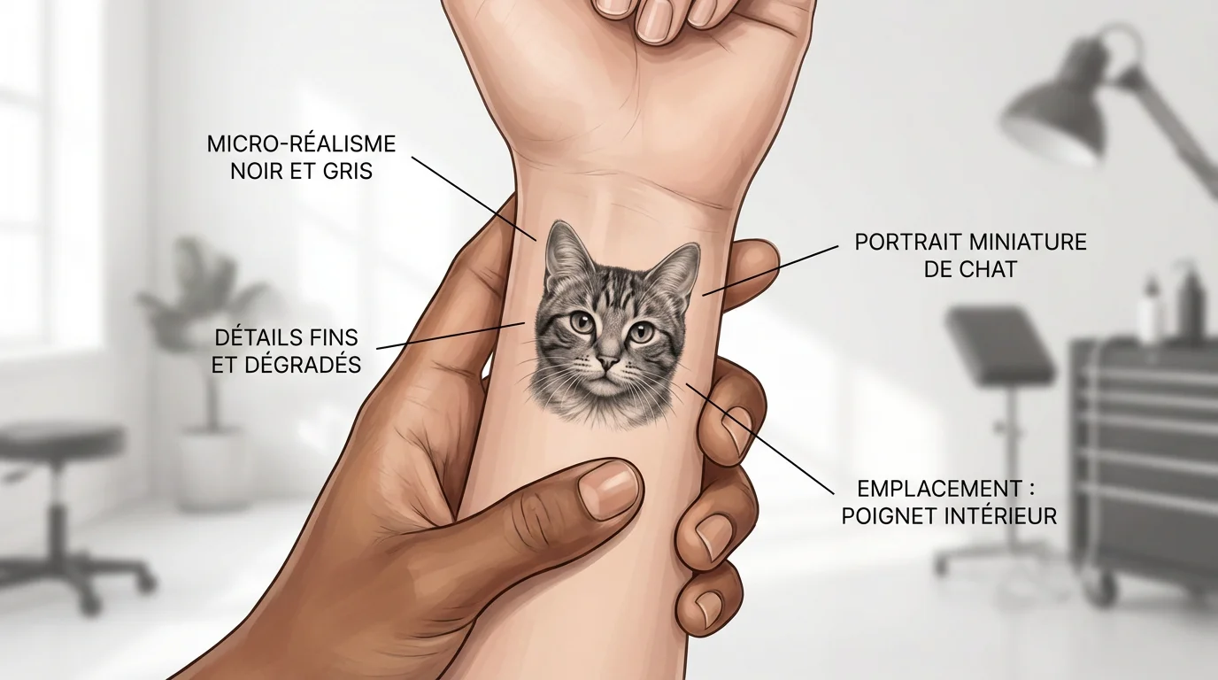 Illustration d'un tatouage micro réaliste représentant un portrait de chat en noir et gris sur un poignet