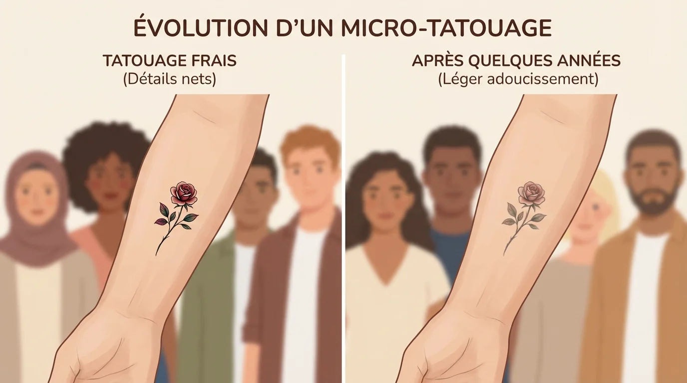 Illustration comparative d'un tatouage micro réaliste neuf et après quelques années de vieillissement