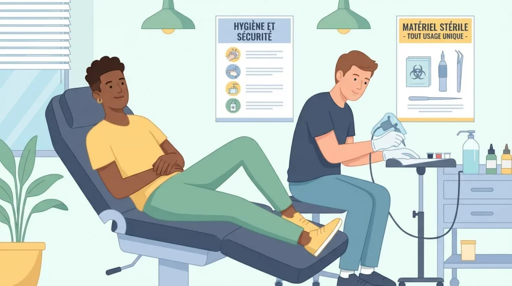 Illustration d'un salon de tatouage professionnel avec un tatoueur préparant son matériel stérile