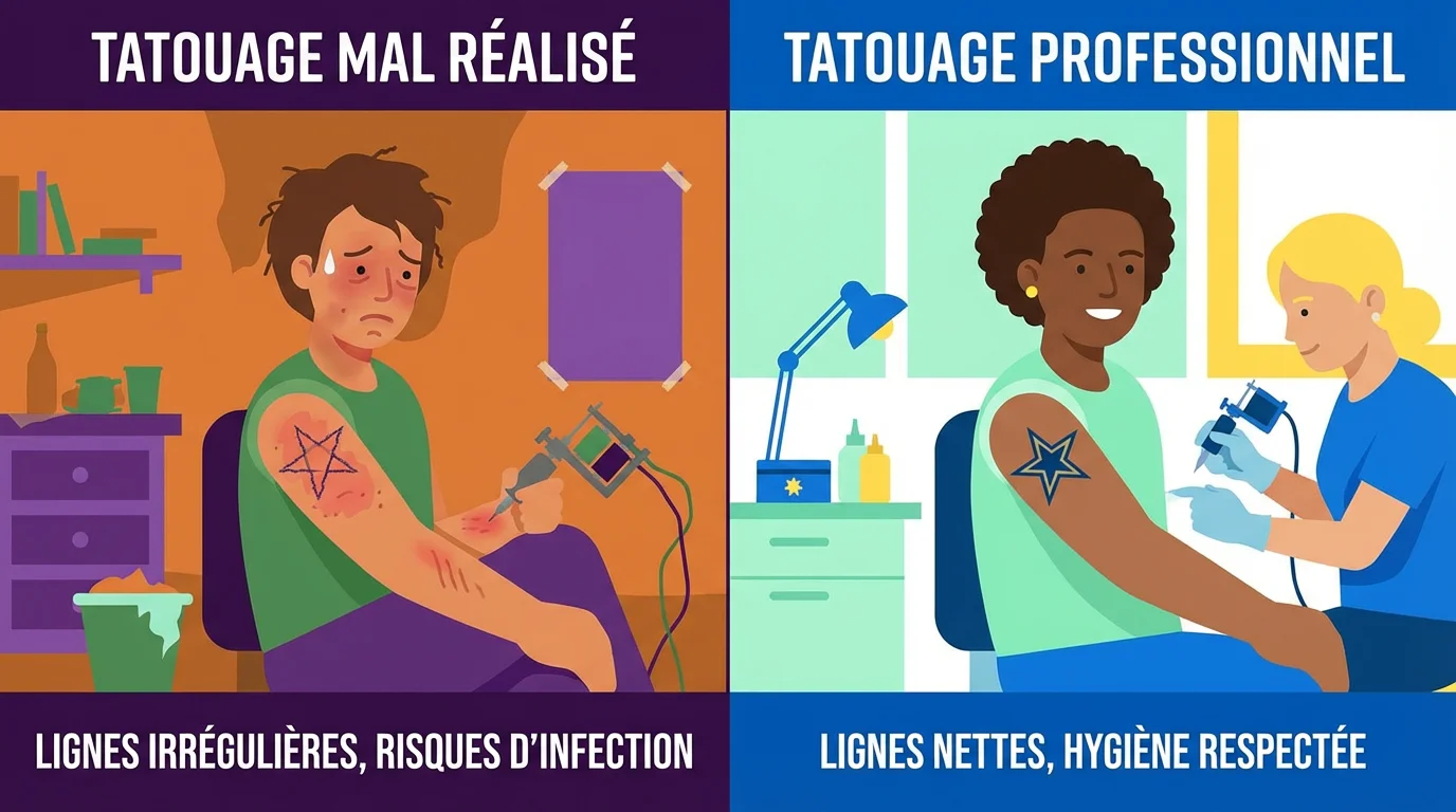 Illustration comparative entre un tatouage raté et un tatouage professionnel réussi