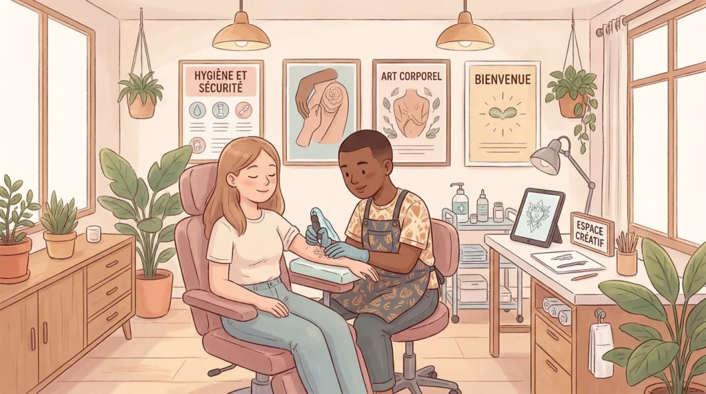 Illustration d'une séance de tatouage dans un salon professionnel avec un client détendu