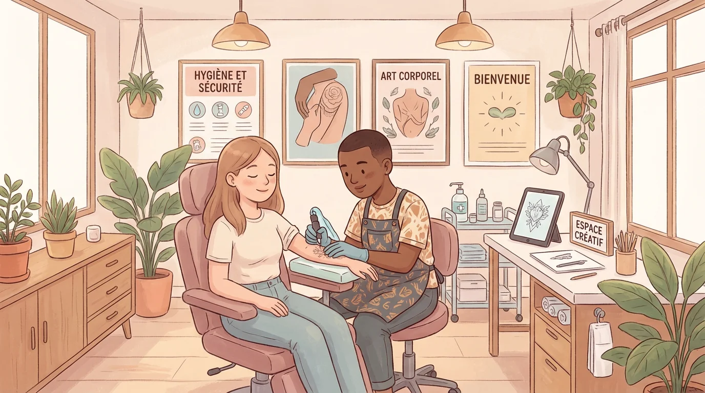 Illustration d'une séance de tatouage dans un salon professionnel avec un client détendu