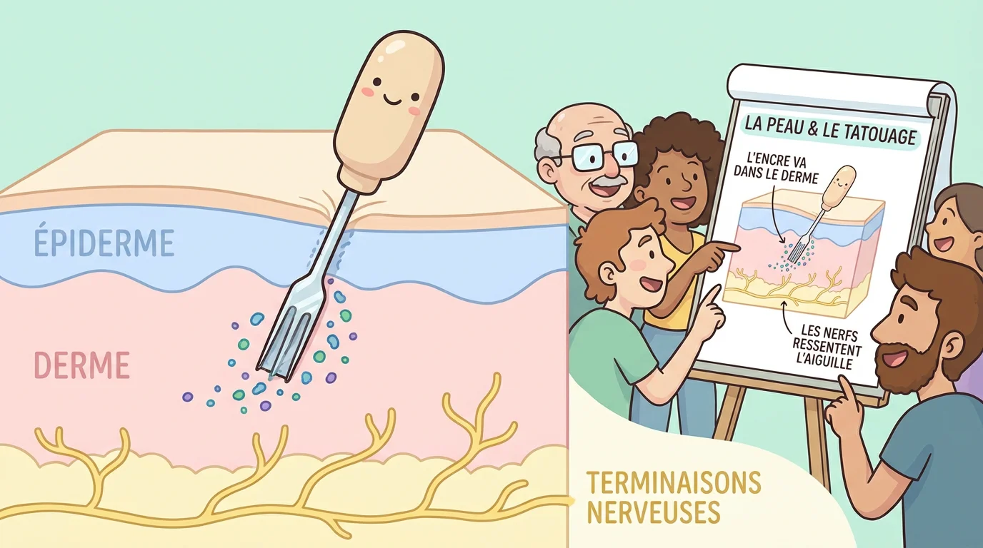 Illustration de la pénétration d'une aiguille de tatouage dans les couches de la peau