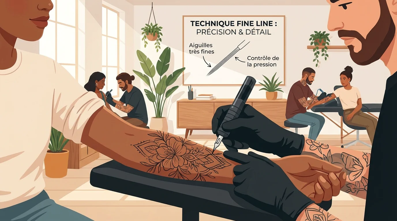 Illustration d'un tatoueur réalisant un tatouage fine line délicat sur un avant-bras