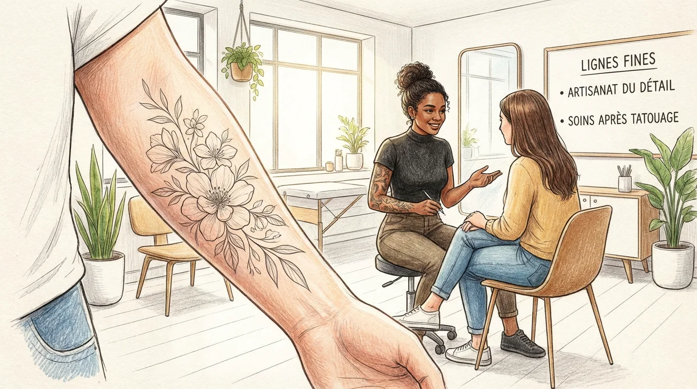 Illustration d'un tatouage fine line floral détaillé sur un bras dans un studio de tatouage