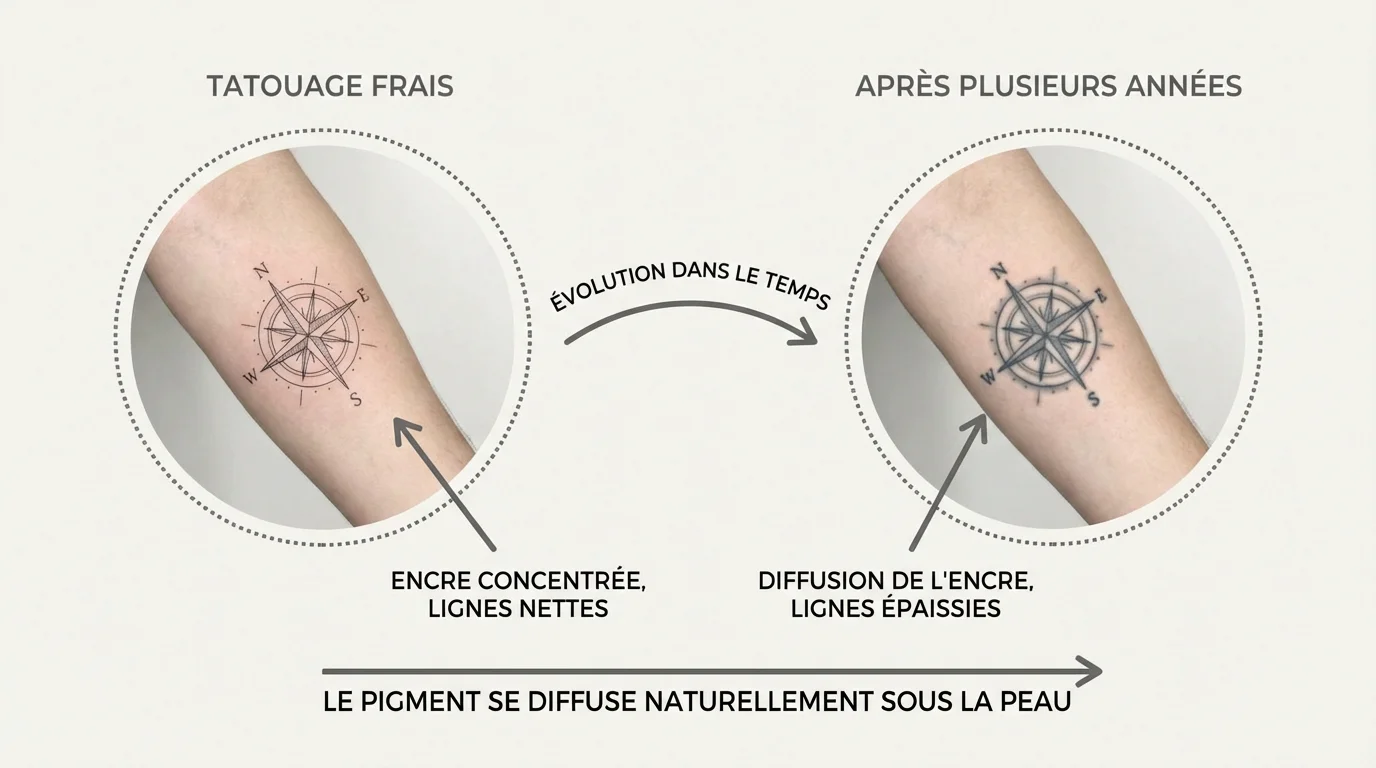 Illustration comparant un tatouage fine line neuf et vieilli avec annotations en français