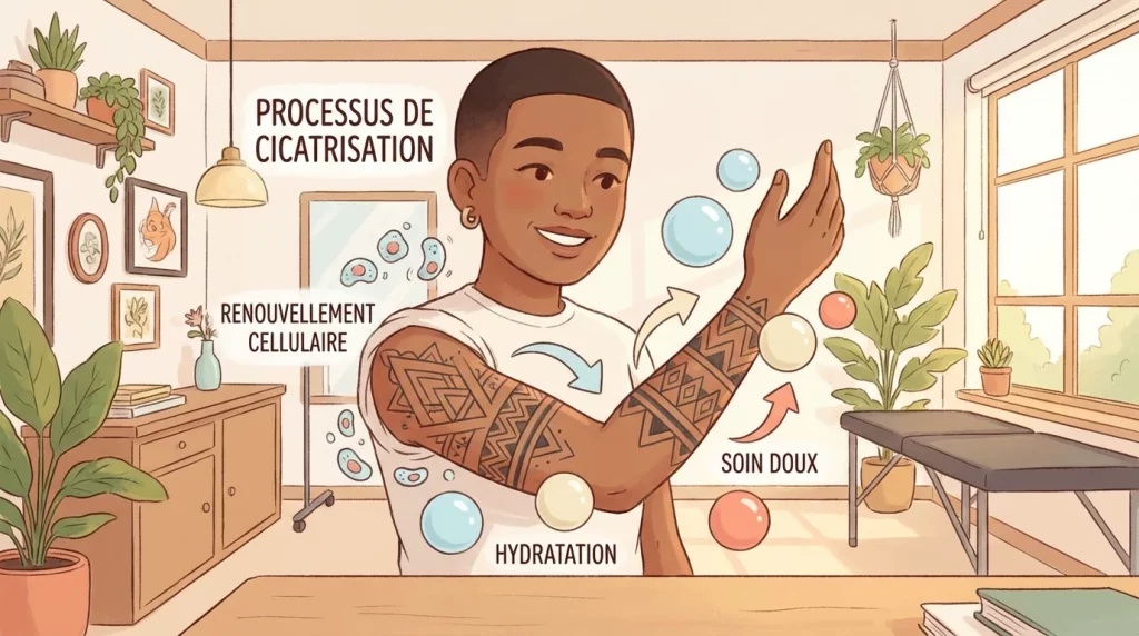 Illustration d'un bras tatoué en phase de cicatrisation avec des symboles de régénération cutanée