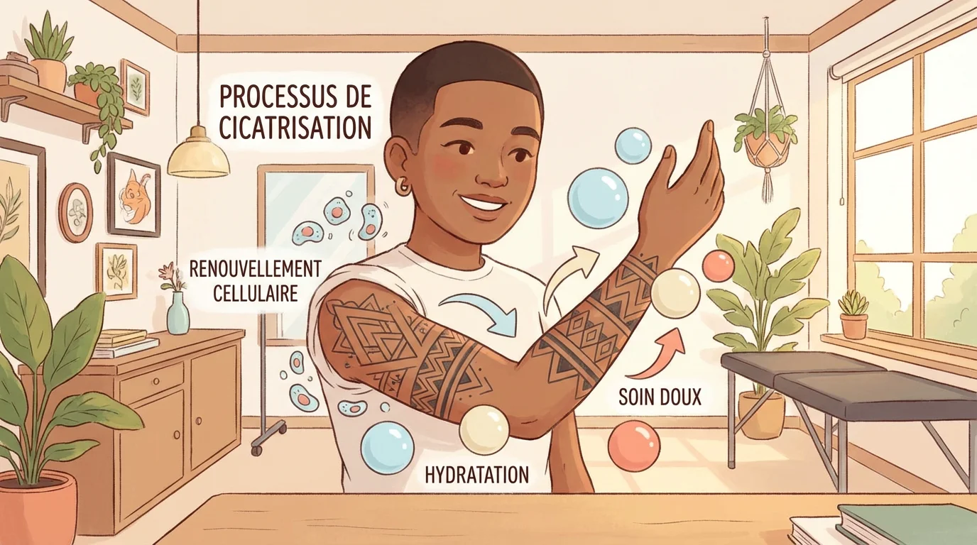 Illustration d'un bras tatoué en phase de cicatrisation avec des symboles de régénération cutanée