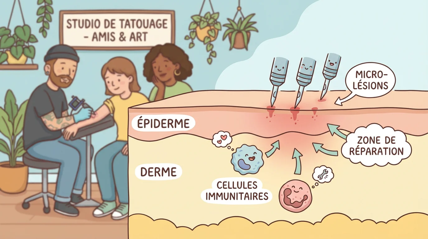 Illustration d'une coupe de peau montrant le processus de cicatrisation après un tatouage