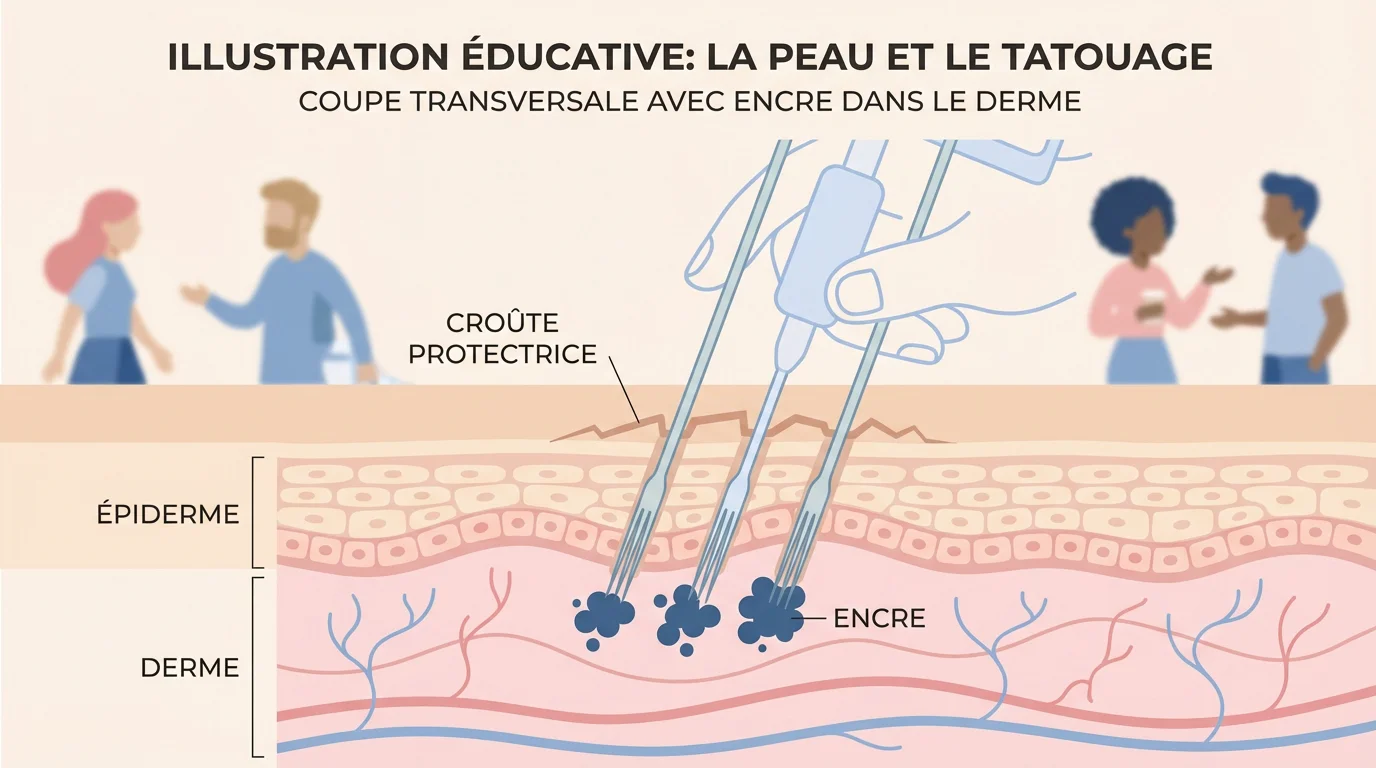 Illustration montrant la formation de croûtes sur un tatouage en coupe de peau
