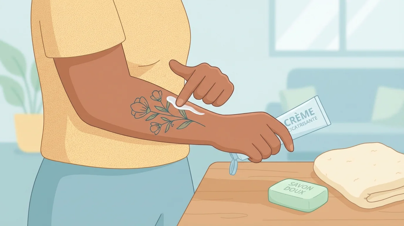 Illustration des gestes de soin pour un tatouage en cicatrisation
