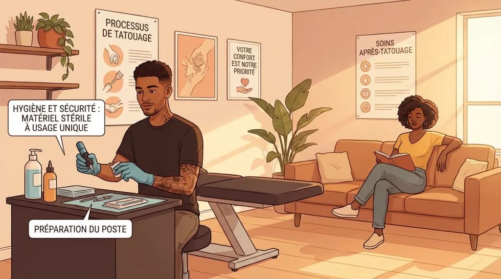Illustration d'un studio de tatouage moderne avec un tatoueur préparant sa séance et un client détendu