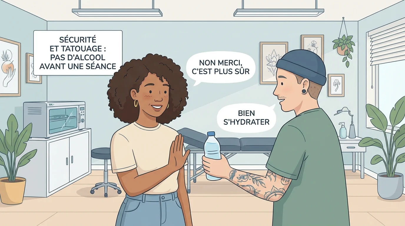 Illustration d'une personne refusant un verre d'alcool avant une séance de tatouage