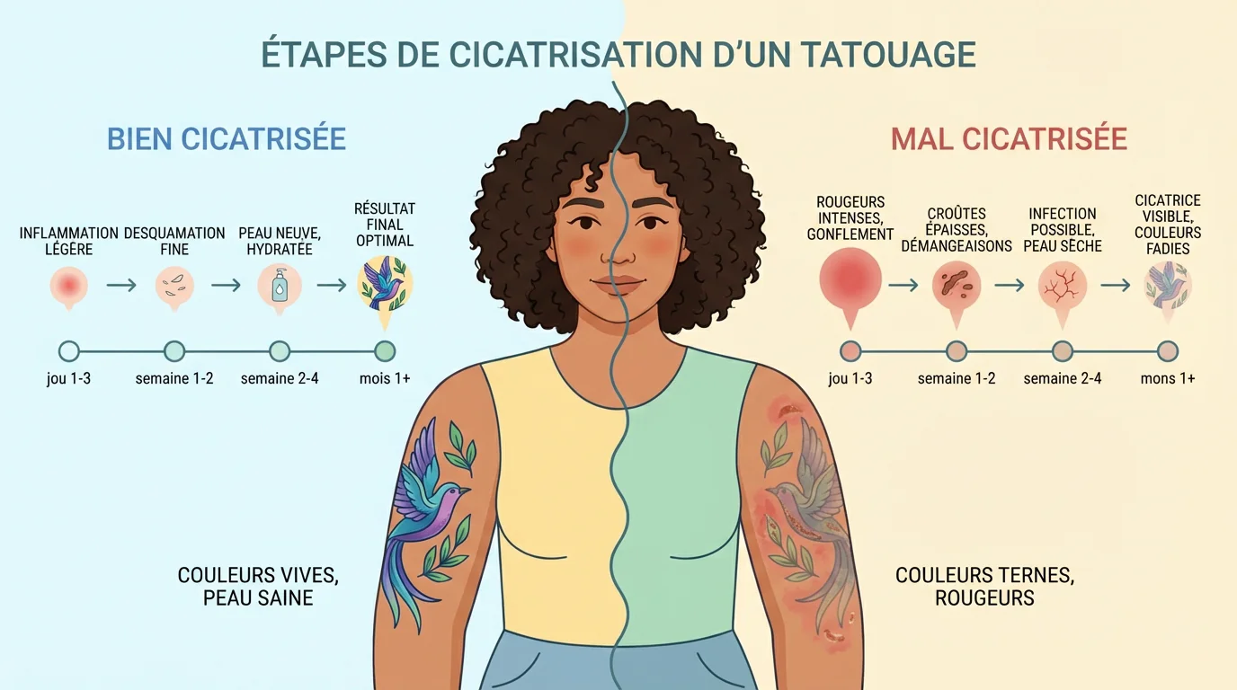 Illustration comparative d'un tatouage bien cicatrisé versus un tatouage mal cicatrisé