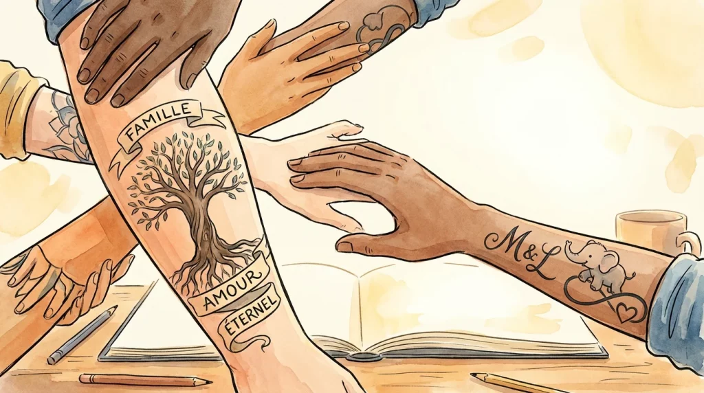 Illustration de bras tatoués avec des symboles familiaux variés : arbre de vie, initiales et animaux protecteurs
