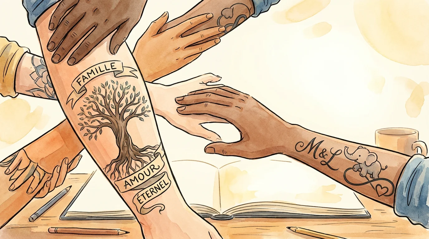 Illustration de bras tatoués avec des symboles familiaux variés : arbre de vie, initiales et animaux protecteurs