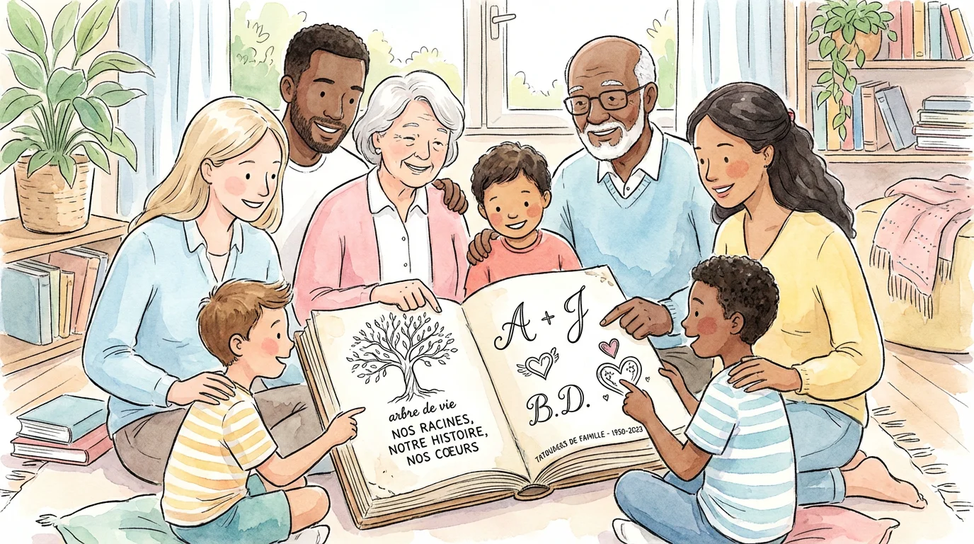 Illustration d'une famille multigénérationnelle consultant des croquis de tatouages symboliques