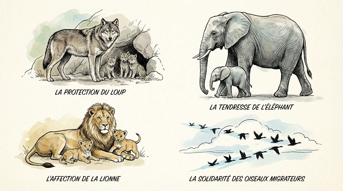 Illustration d'animaux symboliques de la famille : loup, éléphant, lionne et oiseaux migrateurs