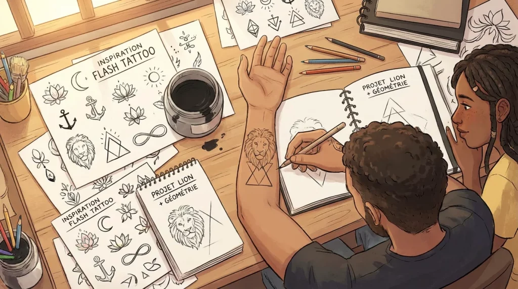 Illustration d'un bureau de tatoueur avec des planches de symboles variés comme le lotus, la lune et le lion