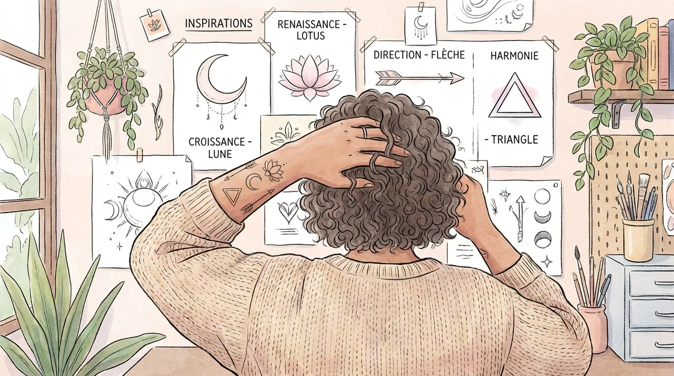 Illustration d'un bras tatoué de symboles variés comme le lotus, la lune et le triangle