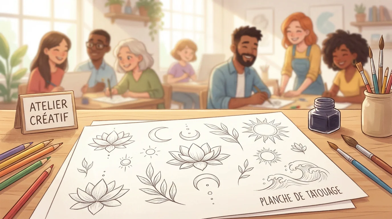 Illustration d'une planche de dessins de tatouage avec fleurs de lotus, lune et soleil