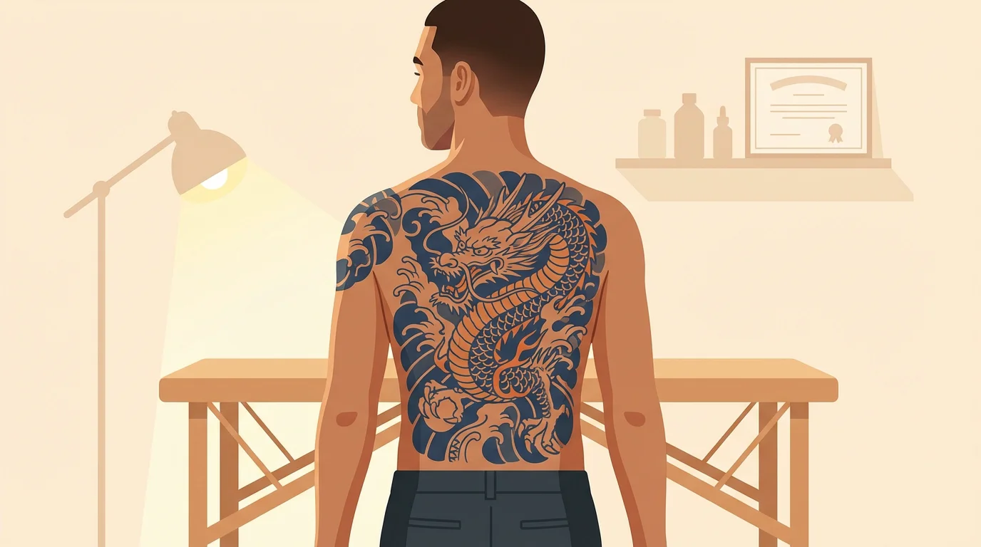 Illustration d'un tatouage japonais pour homme sur le dos et l'épaule dans un studio de tatouage