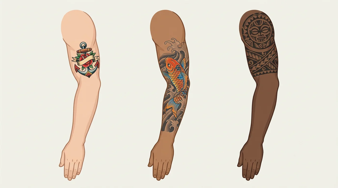 Illustration de trois styles de tatouage homme intemporels : old school, japonais et tribal