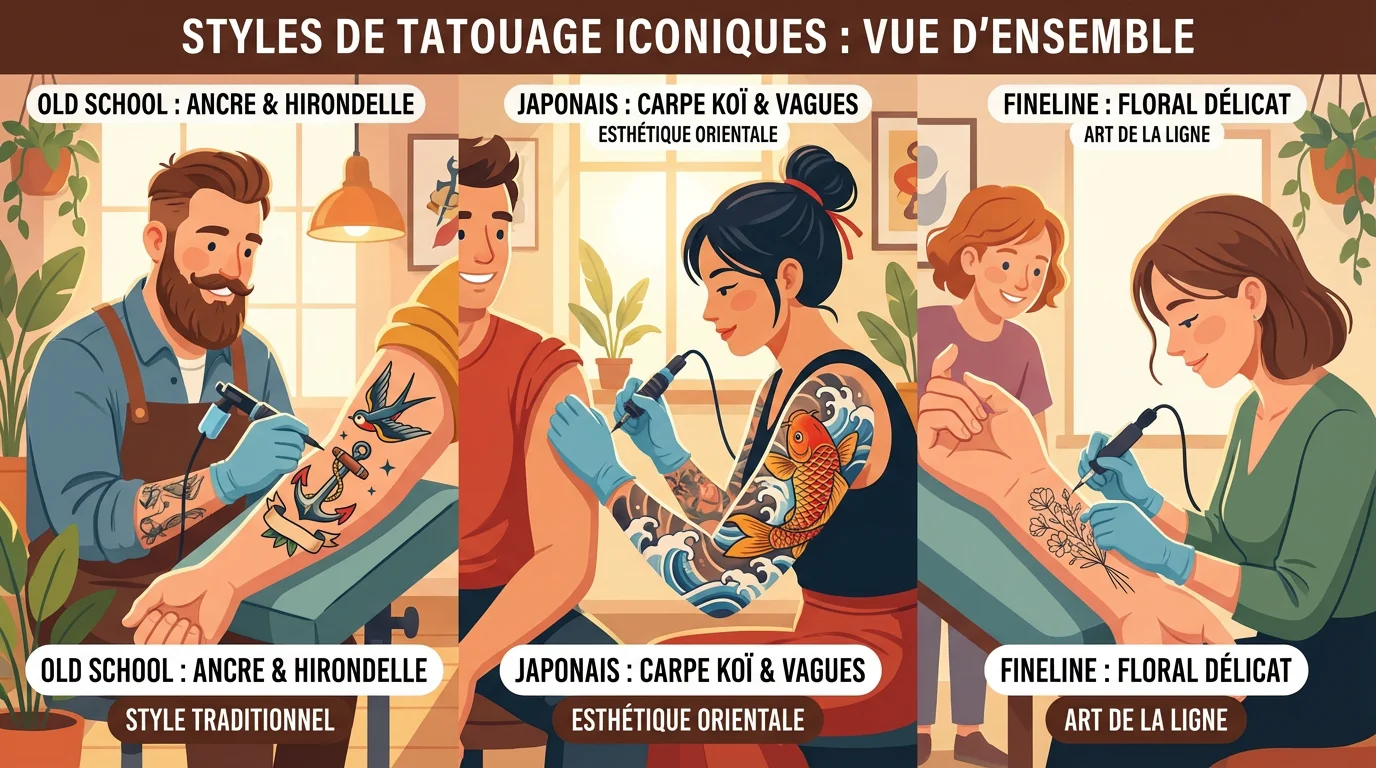 Illustration présentant différents styles de tatouage populaires sur des bras