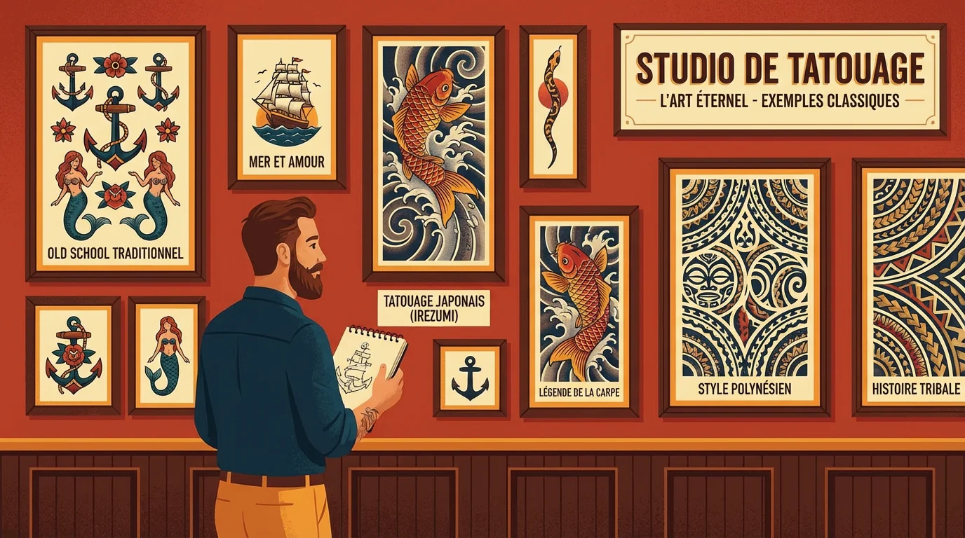 Illustration d'une personne découvrant différents styles de tatouage traditionnels dans un studio