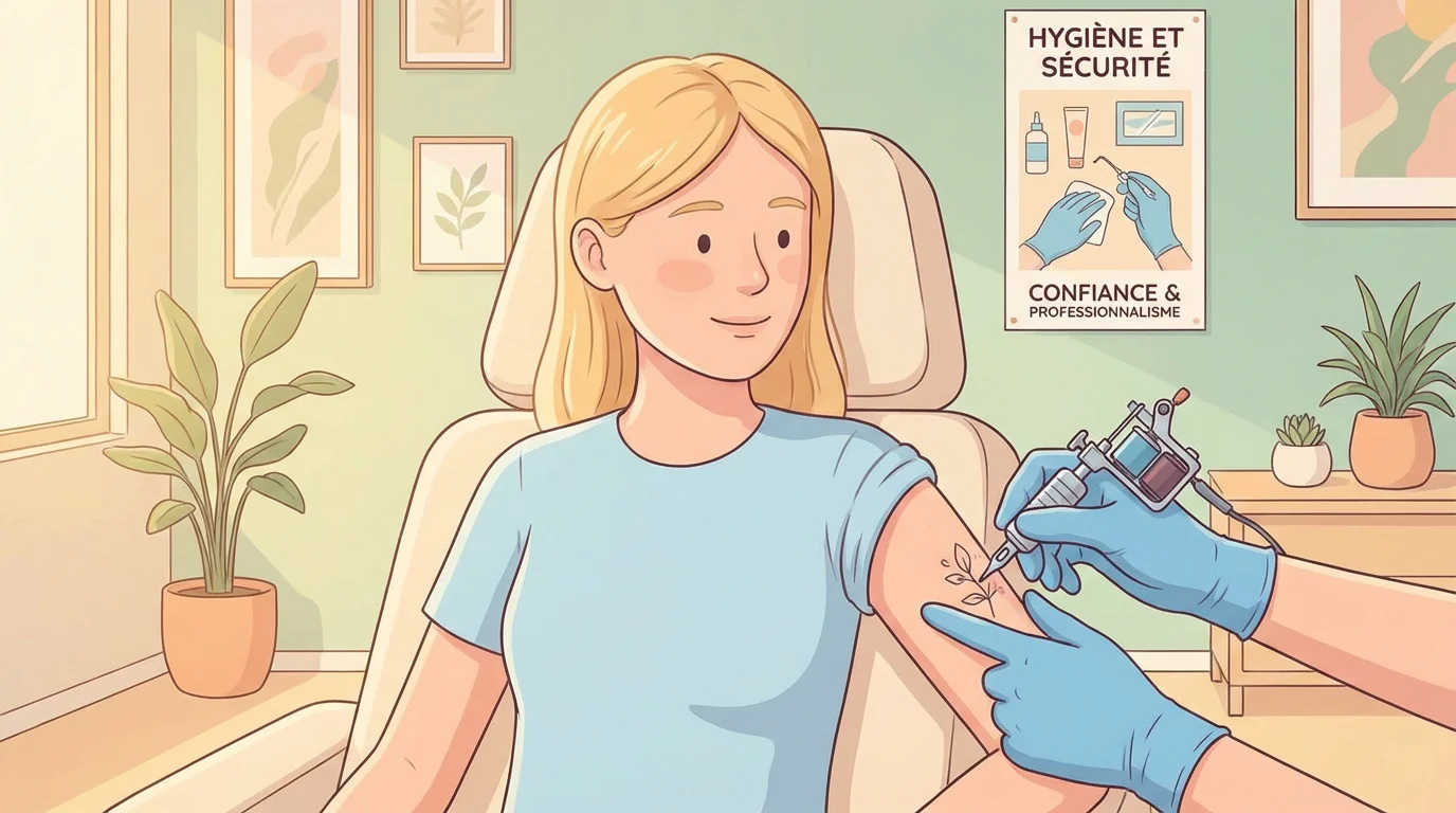 Illustration d'une personne européenne se faisant tatouer le bras dans un studio de tatouage moderne et accueillant