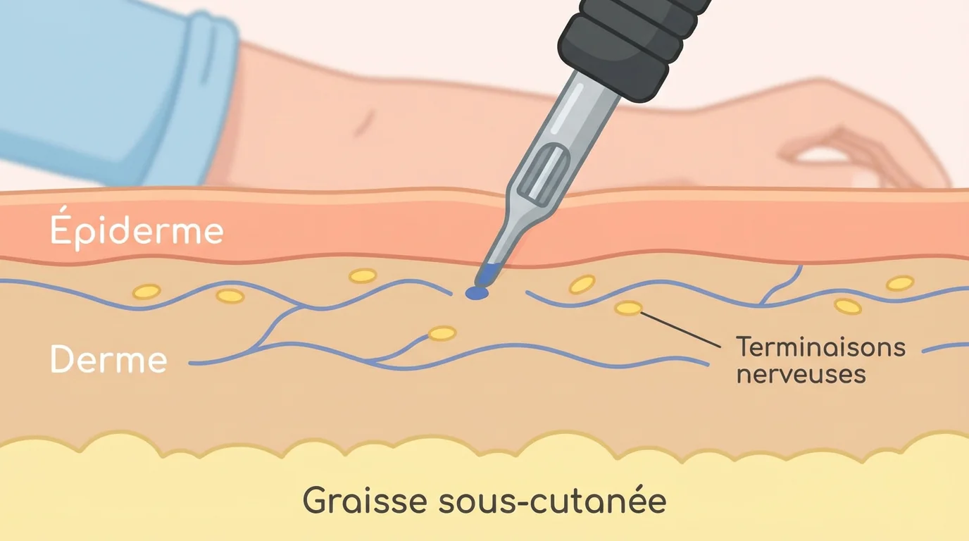 Illustration en coupe de la peau montrant les couches traversées par une aiguille de tatouage et les terminaisons nerveuses