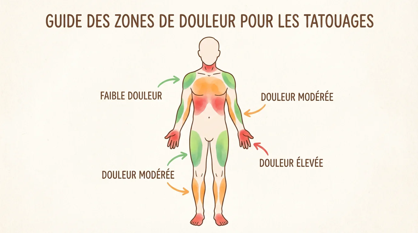 Illustration d'une silhouette corporelle avec les zones de douleur pour un tatouage classées par couleur