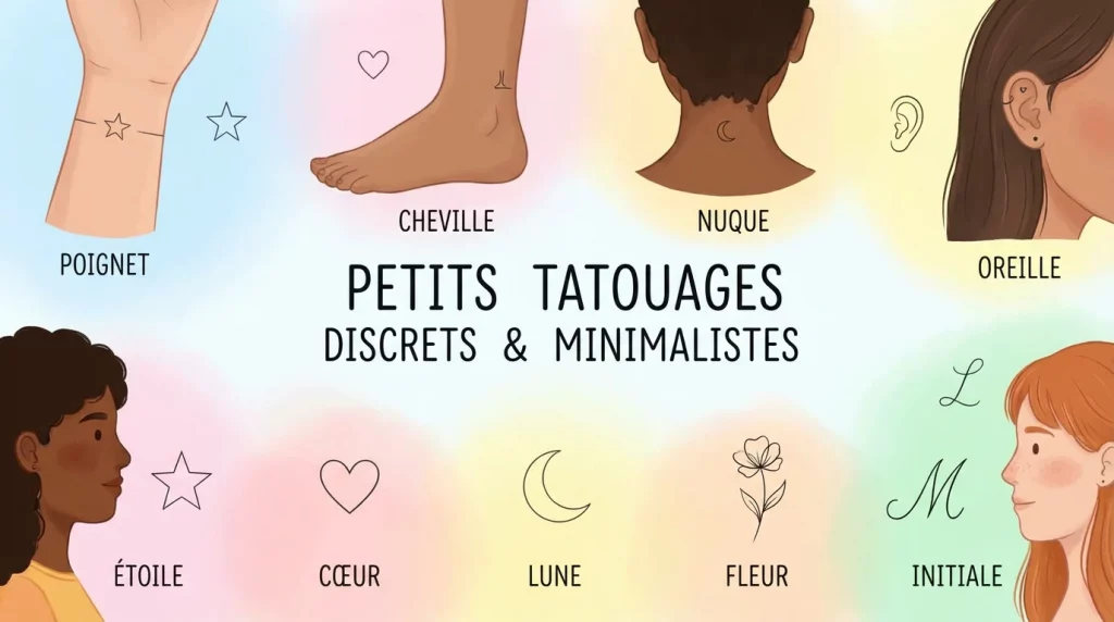 Illustration de différentes idées de tatouages discrets minimalistes sur fond pastel
