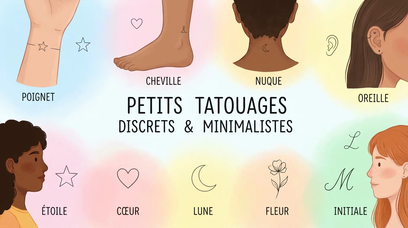 Illustration de différentes idées de tatouages discrets minimalistes sur fond pastel