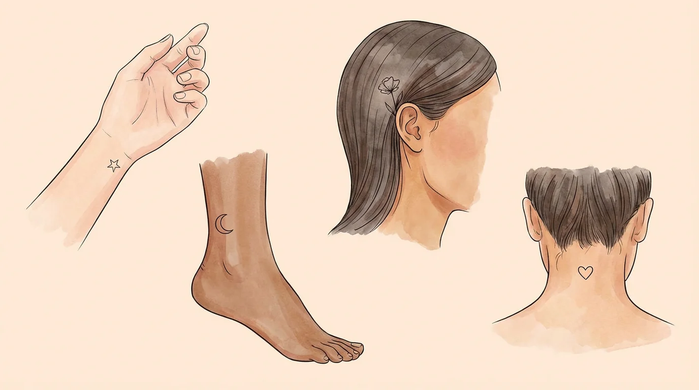 Illustration de plusieurs idées de tatouages discrets placés sur le poignet, la cheville et derrière l'oreille