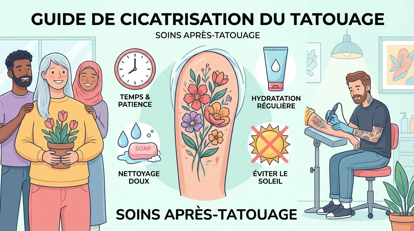 Illustration des étapes de cicatrisation d'un tatouage avec symboles de soins et de durée