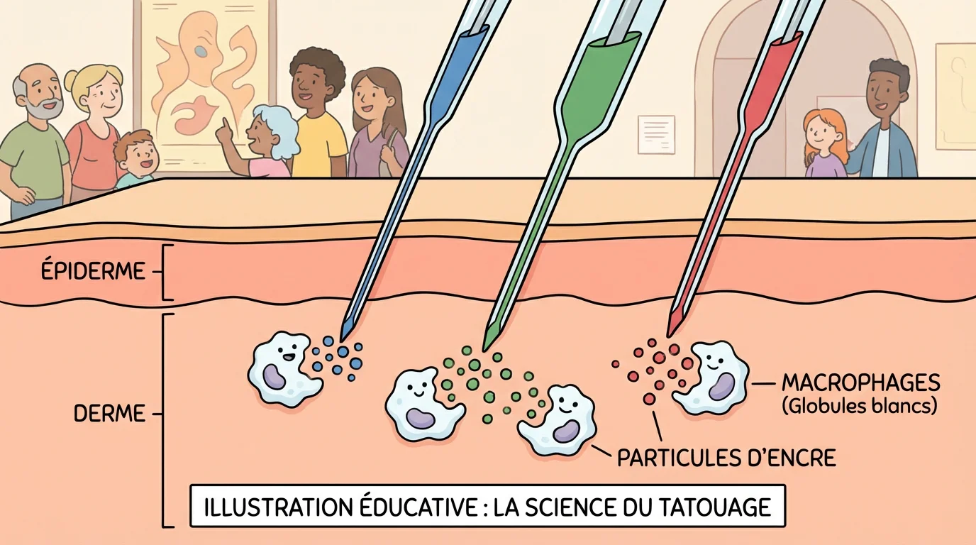 Illustration en coupe de la peau montrant le processus de tatouage et la réponse immunitaire